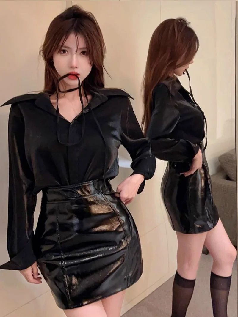 Temperament Korean Shirt Shiny Hip Wrap Leather Skirt Two-piece Set Women Fashion Spicy Girl Lapel Cool Solid Slim Spring Suit