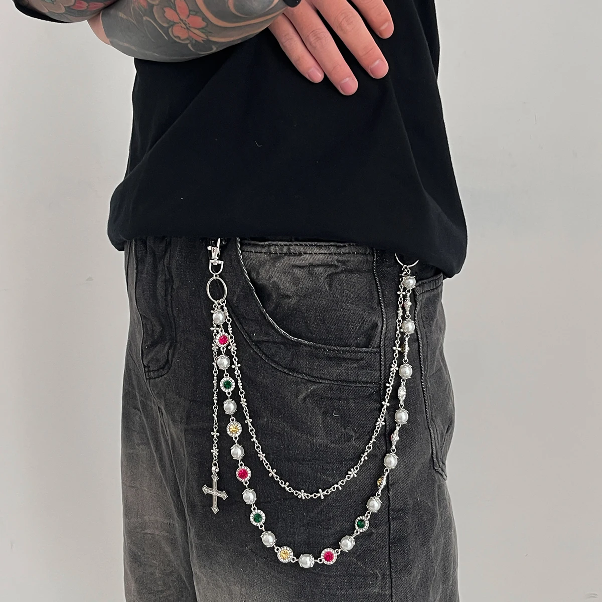 Salircon Exquisite Luxury Cross Pendant Imitation Pearl Keychain Belt Chain Men Women Punk Trousers Jeans Chain HipHop Jewelry image 2