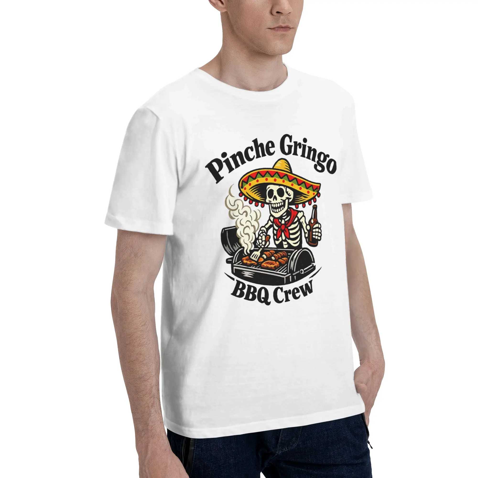 Men Women Printed Pinche Gringo BBQ Crew Skeleton Grilling Beer T Shirt Tee Pure Cotton  T-shirts Clothing