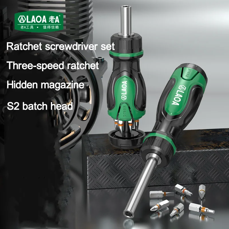 LAOA S2 Alloy Steel Ratchet Screwdriver Set 6.35Mm Screwdriver Bits Hidden Storage Multi-Function Tool Three-Stage Hand Tools