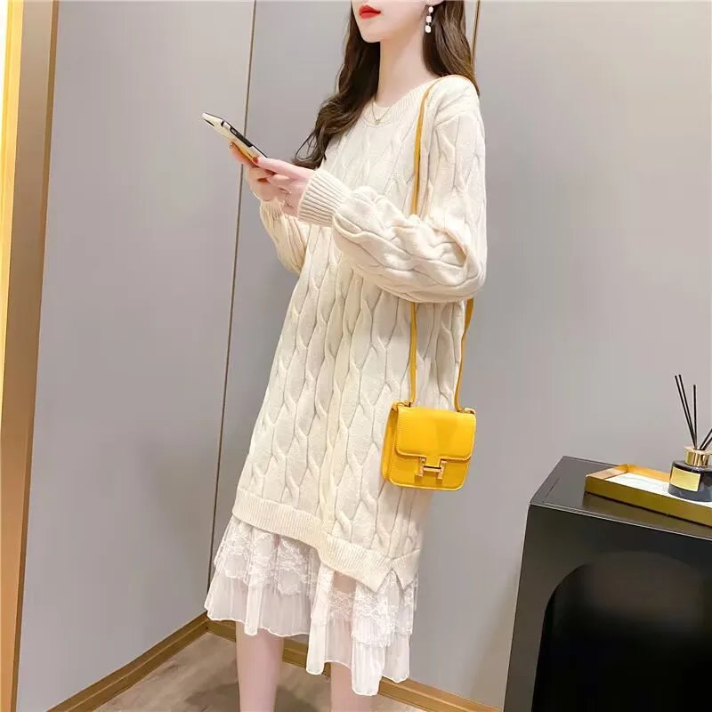 

2025 Female Elegant Lace Patchwork Long Sweater Woman Autumn Winter Knitted Sweater Dress Korean Outerwear Loose Sweater Dress