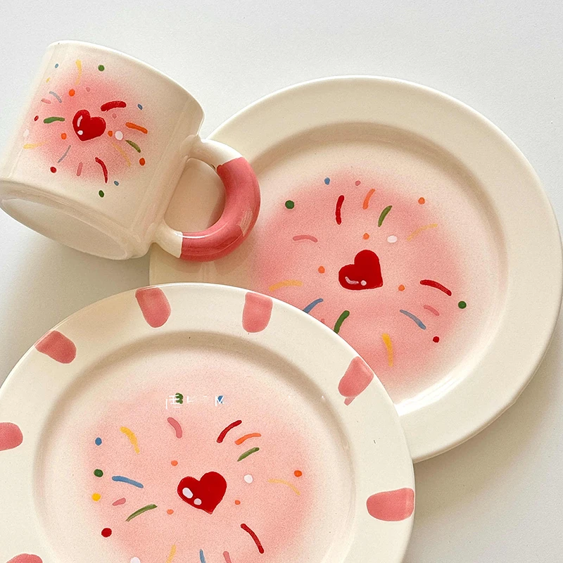 Lovely Hand-painted Fireworks Ceramic Tableware Underglaze Colour Coffee Cup Breakfast Plate Snack Pastry Disc Birthday Gift