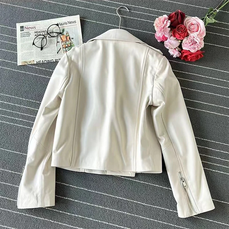 Chaqueta de cuero de mujer de cuero Natural primavera nueva moda suelta motocicleta cremallera solapa ancha abrigo corto de piel de oveja Deri Yelek