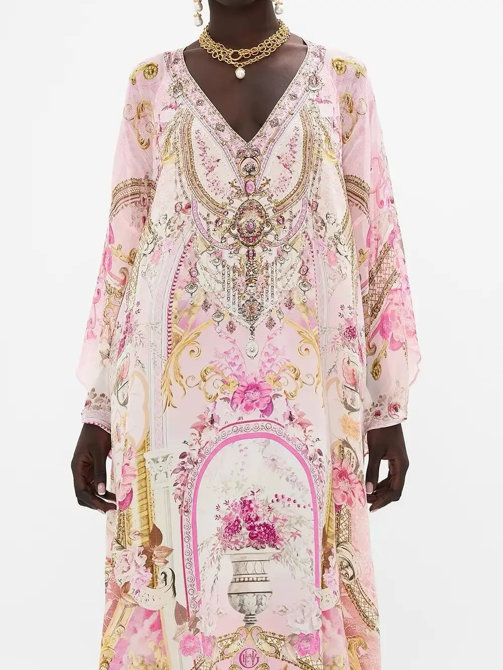 Damen Schwer Perlenverziertes Rosa Gewand mit Blumenmuster, V-Ausschnitt, Fledermausärmeln, Elegantes Maxikleid aus 100% Seide