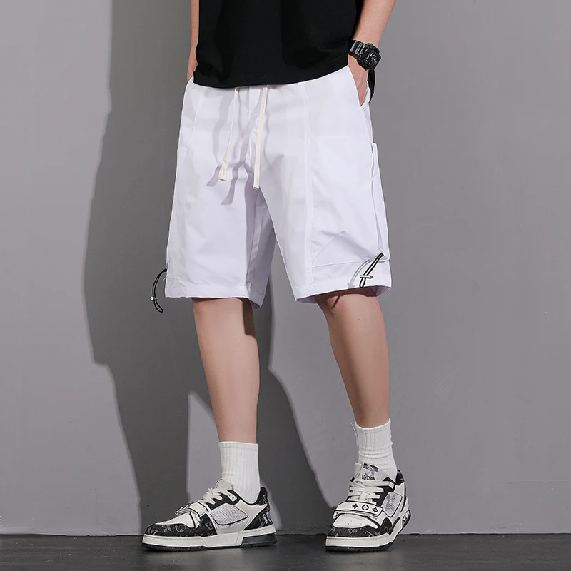 Summer Men's Clothing Solid Color Elastic High Waisted Casual Pockets Loose Knee Pants Cargo Preppy Style Bandage Retro Shorts