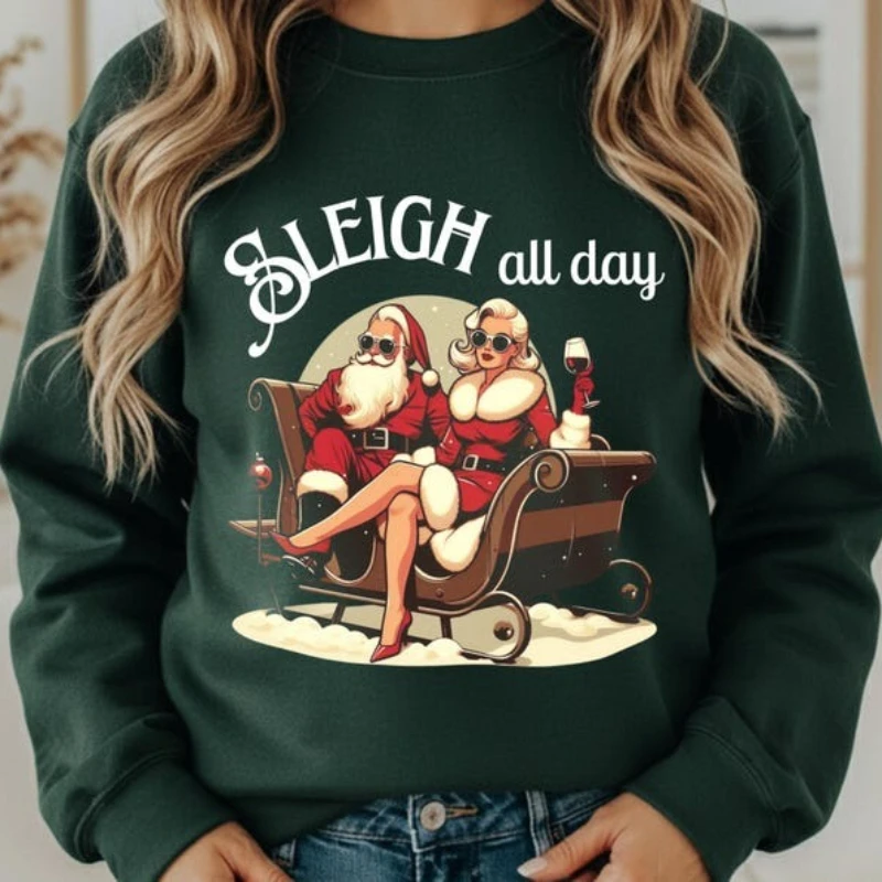 Sweter Retro z Nadrukiem Sanki na Cały Dzień, Świąteczny Sweter w Stylu Vintage, Damski Strój na Imprezę, Prezent dla Niej, Uroczy Nadruk Sanki, Miękki i Wygodny
