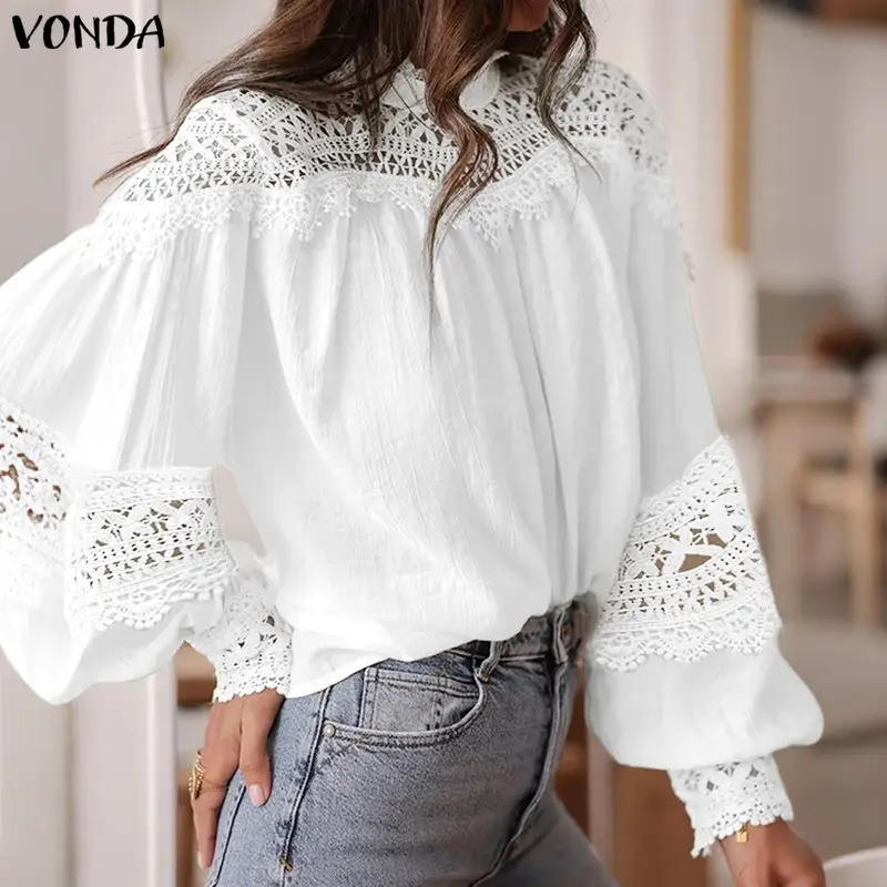 

VONDA Fashion Blouse Spring Women Stand Collar Long Sleeve Lace Tops Autumn Patchwork Casual Elegant Office Lady Shirts Blusas