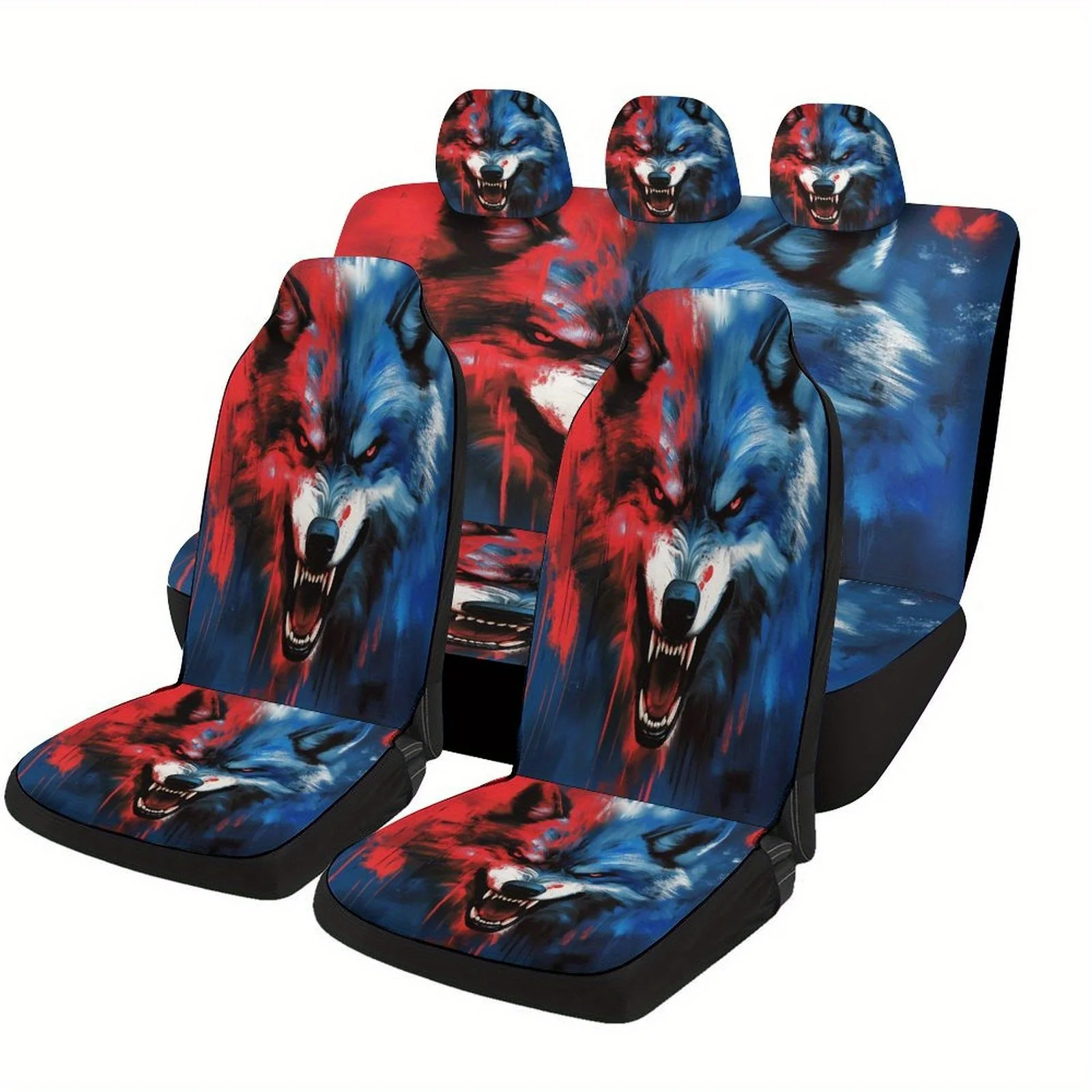 

Fierce Wolf Themed Car Seat Cover Set - Vibrant Blue & Red Design With Growling Wolf Head, Universal Fit For Most Cars, Machine