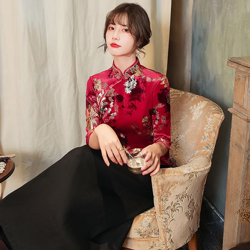 Big Size 3Xl 4Xl 5Xl Tang Clothes Chinese Traditional Qipao Tops Elegant Velour Cheongsam Lady New Year Clothes Print Flower