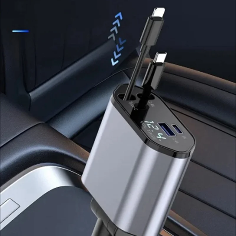 

Car Retractable Car Charger 2 USB Ports Support 120W Super Fast Charge Flash Charge 4-In-1 Cigarette Lighter