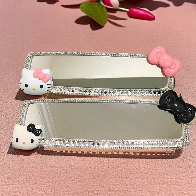 Car Rearview Mirror Hello Kitty DIY Fashion Handmade Diamond Interior Mirror Trend Decorative Atmosphere Girls’ Favorite Gift