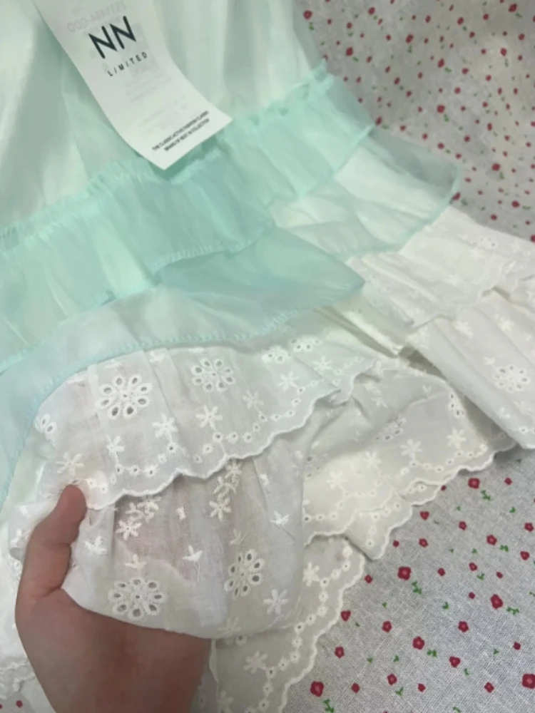 Gaun Dua Potong Lolita Jepang Manis Gaun Berlapis Ruffle Tambal Sulam Renda Pakaian Musim Panas Lengan Pendek Lucu Kawaii Baru 2025