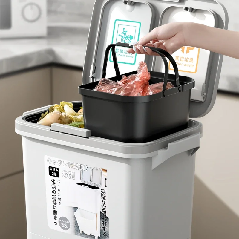 Japanese-Style Double Layer Removable Trash Can Large Capacity with Lid, Kitchen Garbage Separation Bin, Modern Trash Management