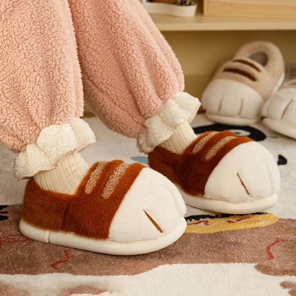 

Closed Heel Cat Paw Slippers Flat Bottom Plush Material Animal Claw Slipper 3D Design Warm Insulation Fluffy Slippers Home Use