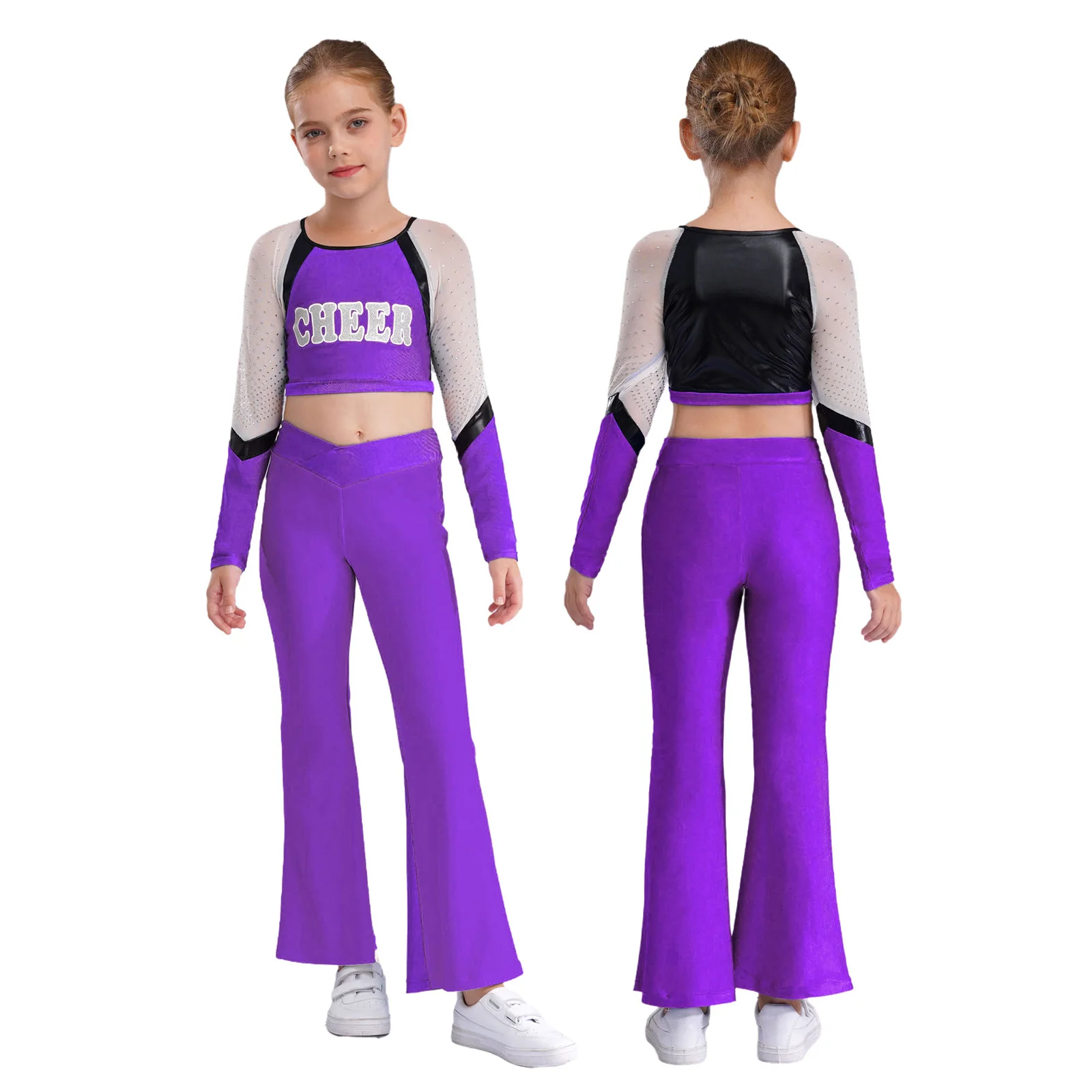

Костюм черлидера для девочек, костюм черлидинга, униформа с блестящими стразами, укороченный топ для танцев, брюки для школьного шоу