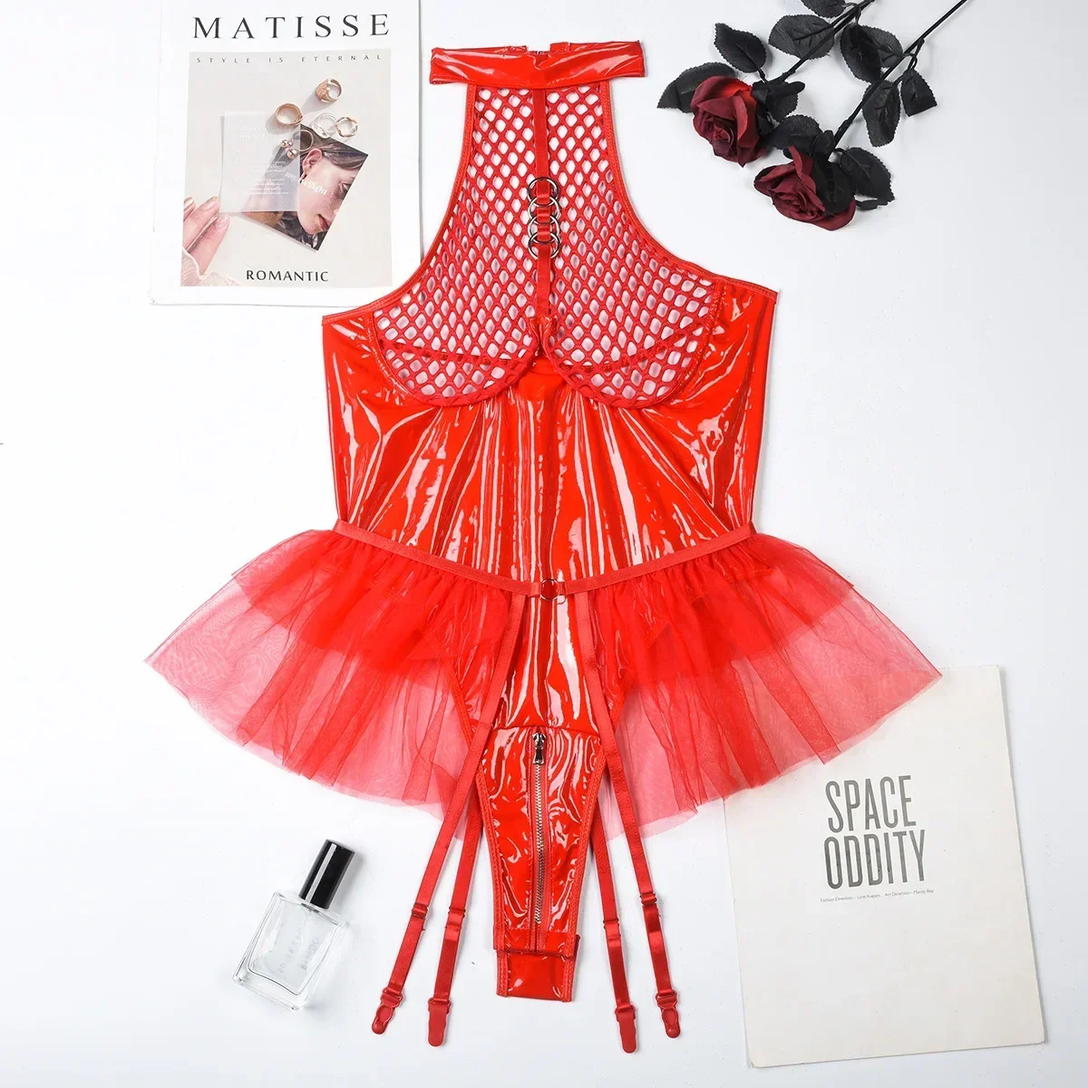 شبكة الجوف خارج بو اللاتكس الجلود مفتوحة المنشعب ارتداءها المرأة مثير الملابس الداخلية الملابس الداخلية مجموعة المثيرة انظر من خلال الأزياء