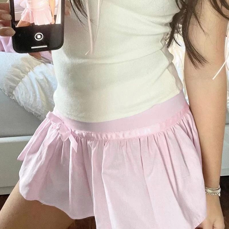 Sweet Girl Bow Pleated Mini Skirt Summer Women's Simple Short Style y2k clothes Meat Covering A-line Casual Skirt Pink Skirt - Image 3