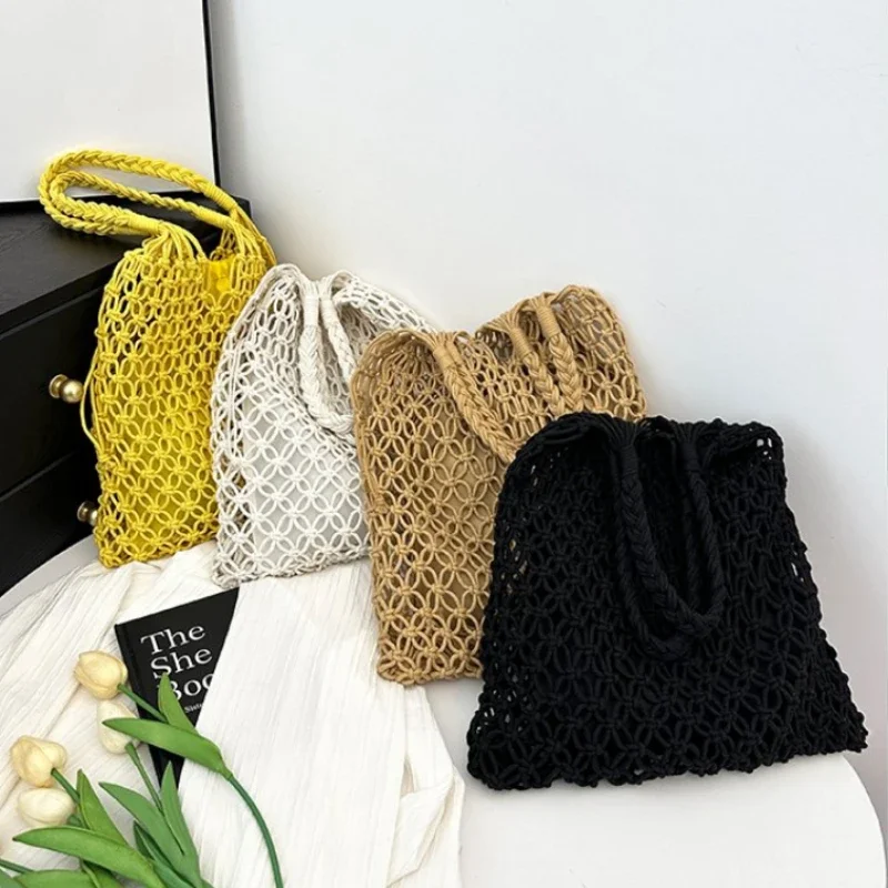 Solid Color Versatile Vacation Handmade Woven Hollow Mesh Shoulder Bags Summer 2024 High Quality Minimalist Women\'s Tote Bag