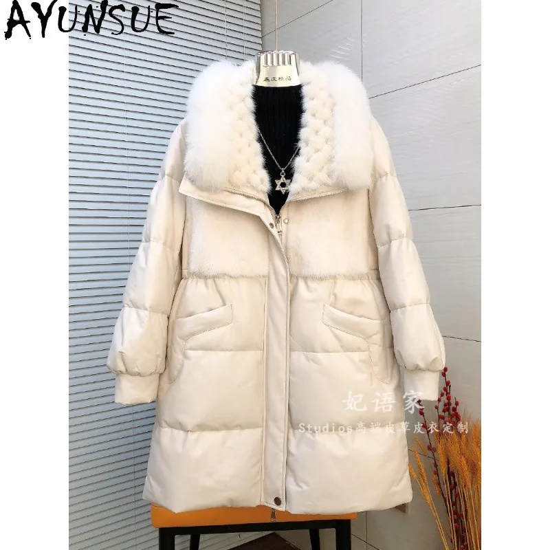 AYUNSUE Women's Real Leather Down Jackets Fox Fur and Mink Fur Collar Mid-length White Goose Down Jacket Woman Clothes Пуховик