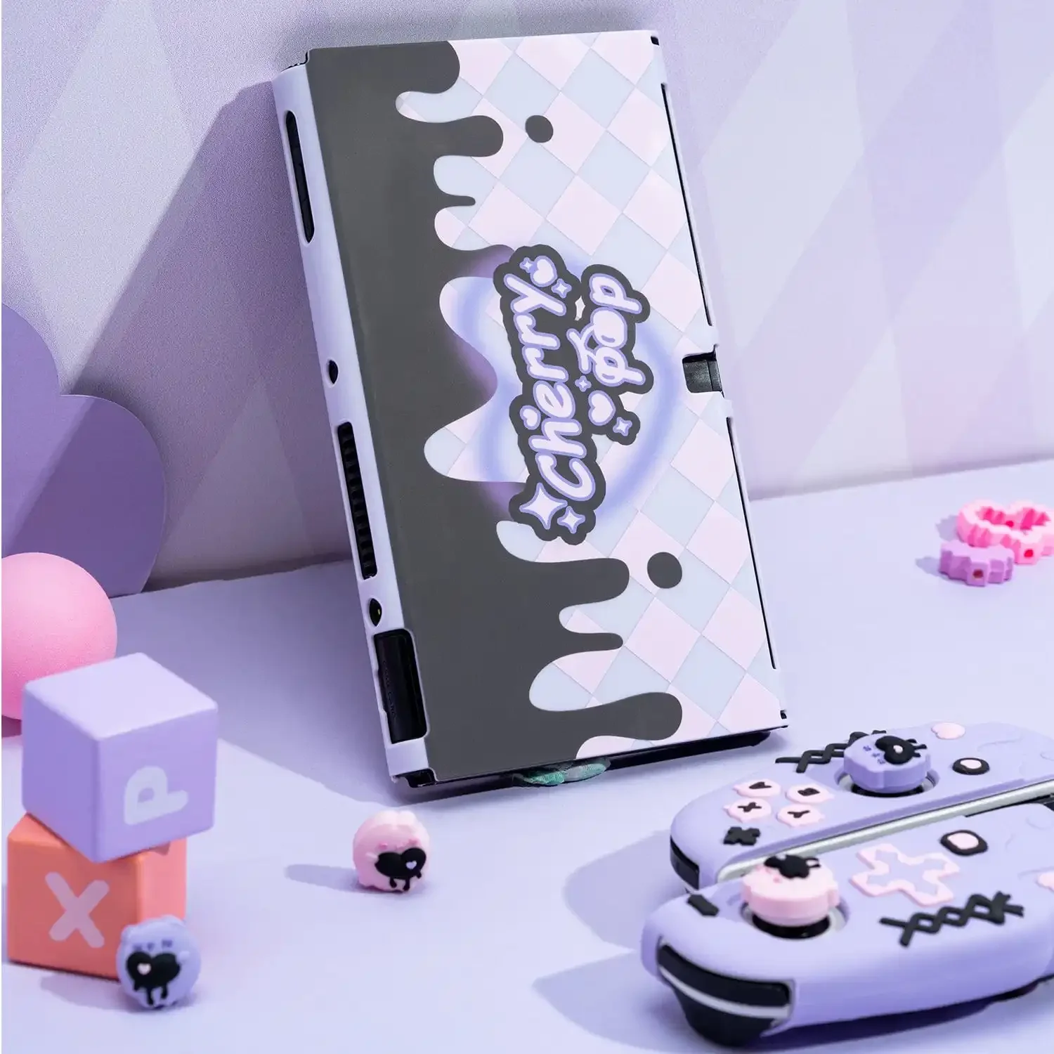 GeekShare Custodia protettiva in silicone Cherry Pop compatibile con Nintendo Switch/OLED, Cover JoyCon con 1 paio di impugnature per pollice viola