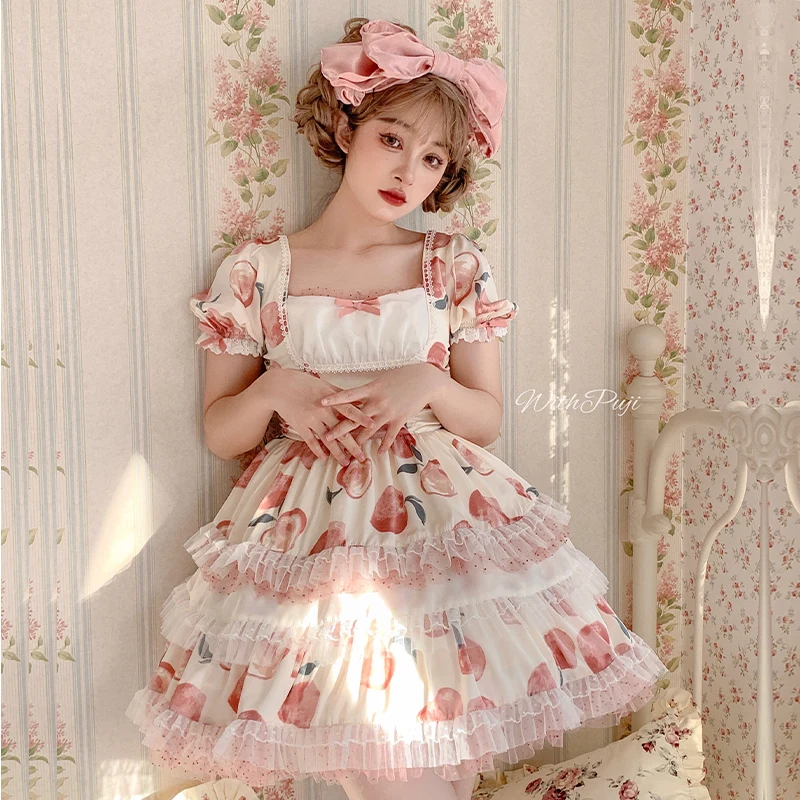 

Sweet Girls Kawaii Princess Cake Dress Corset Open Back Lolita Dress OP Peach Bow Tie Puff Sleeves Cosplay Lace Pleated Dress