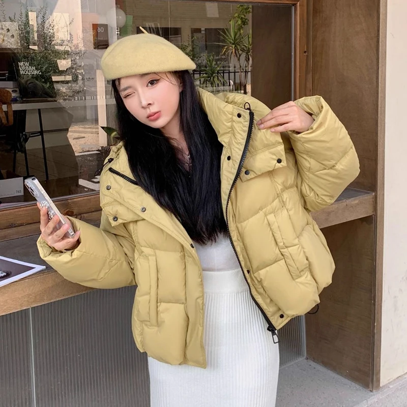 

Зимняя короткая однотонная куртка-пуховик с капюшоном, женская теплая куртка на белом утином пуху, женская утепленная верхняя одежда на молнии с завязками