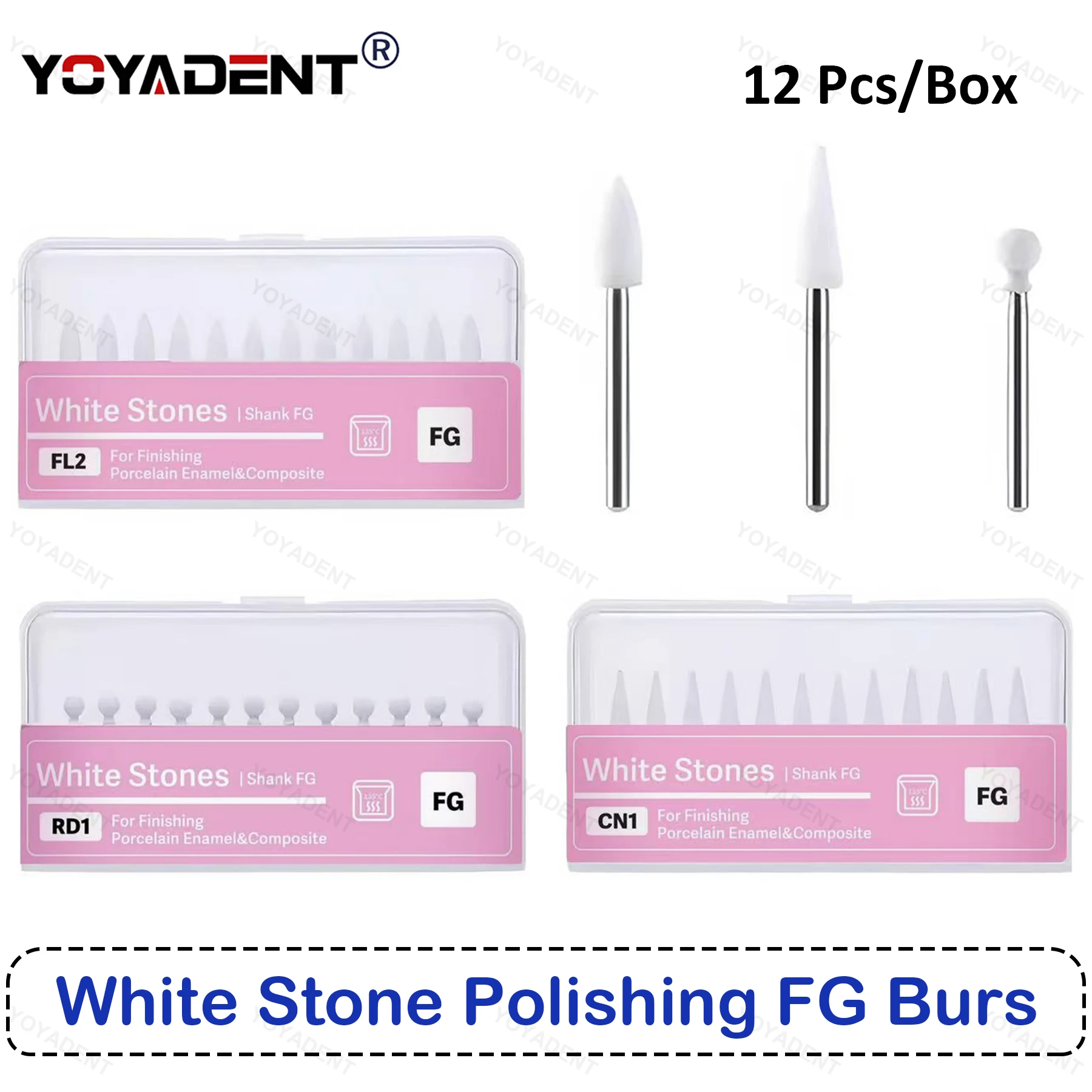

Набор камней для полировки зубов, белые боры FG, конус/пламя/круглые инструменты для отбеливания зубов, полировка, 12 шт./кор., CN1 RD1 FL2, стоматологические товары