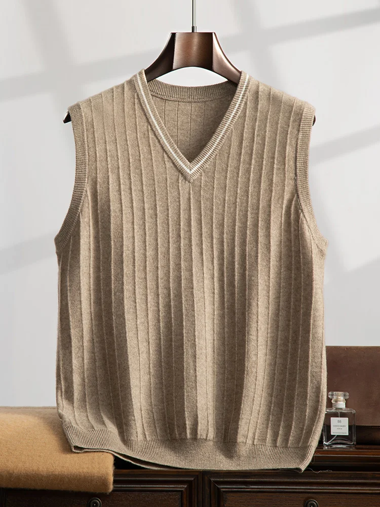 ANGEL Men's V-neck Cashmere Waistcoat Autumn Winter Striped Sleeveless Pullover Sweater 100% Goat Cashmere Knitwear Vest Top