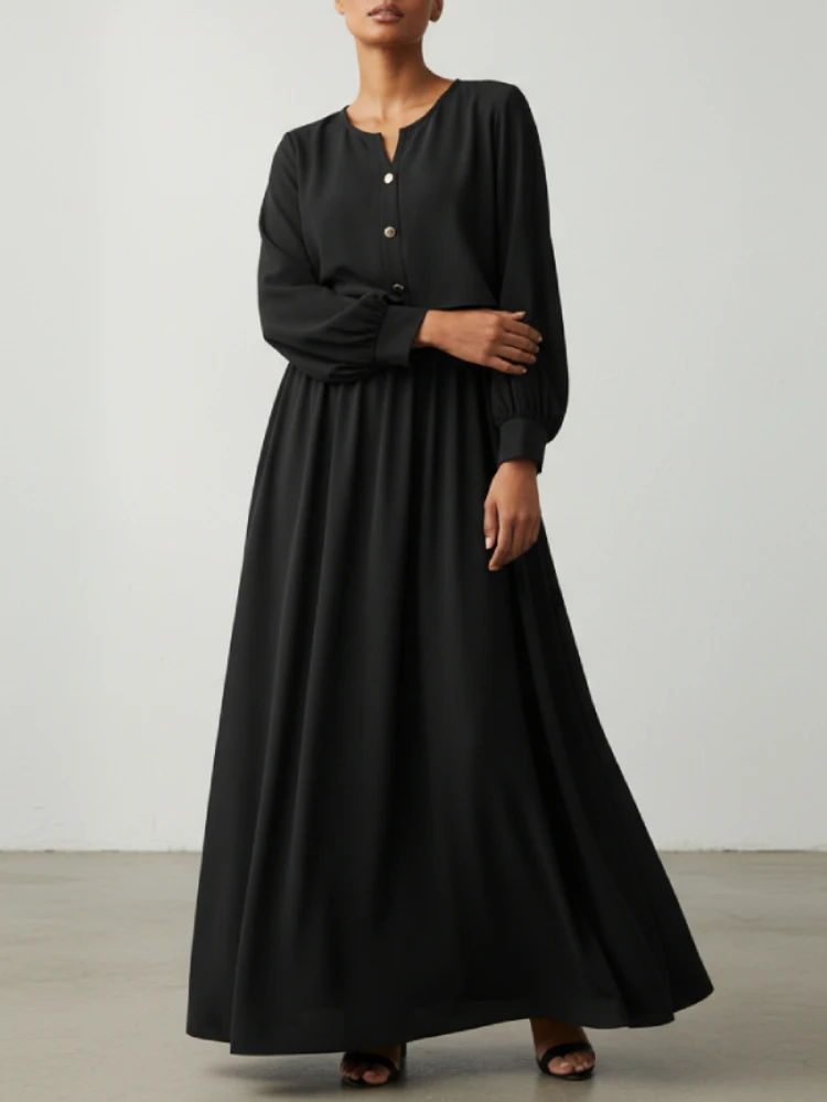 

ZANZEA Casual Chic Women Long Dresses Fake Two-Pieces V-Neck Long Sleeve A-Line Maxi Dress Autumn 2025 Loose Solid Color Robes