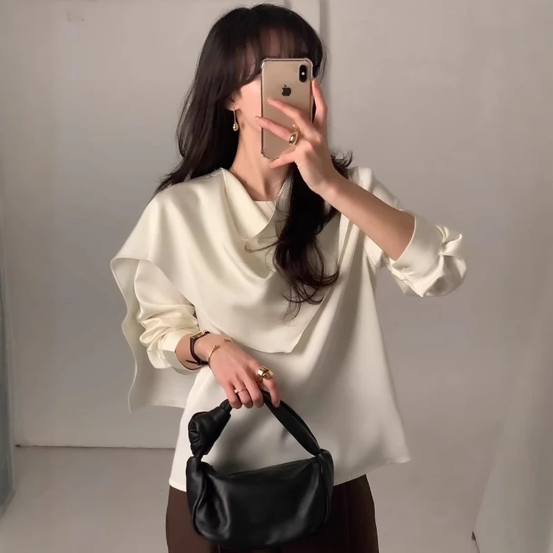 

2026 Four Seasons New Design Style Solid Color Slant Shoulder Curtain Style Satin Premium Long Sleeve