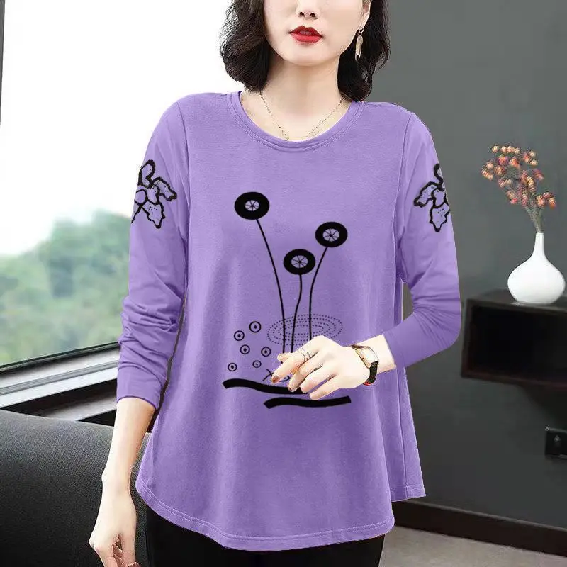 Female Clothing Floral Printed Pullovers Casual Fashion Round Neck Spring Autumn New Commute Long Sleeve All-match Loose T-shirt