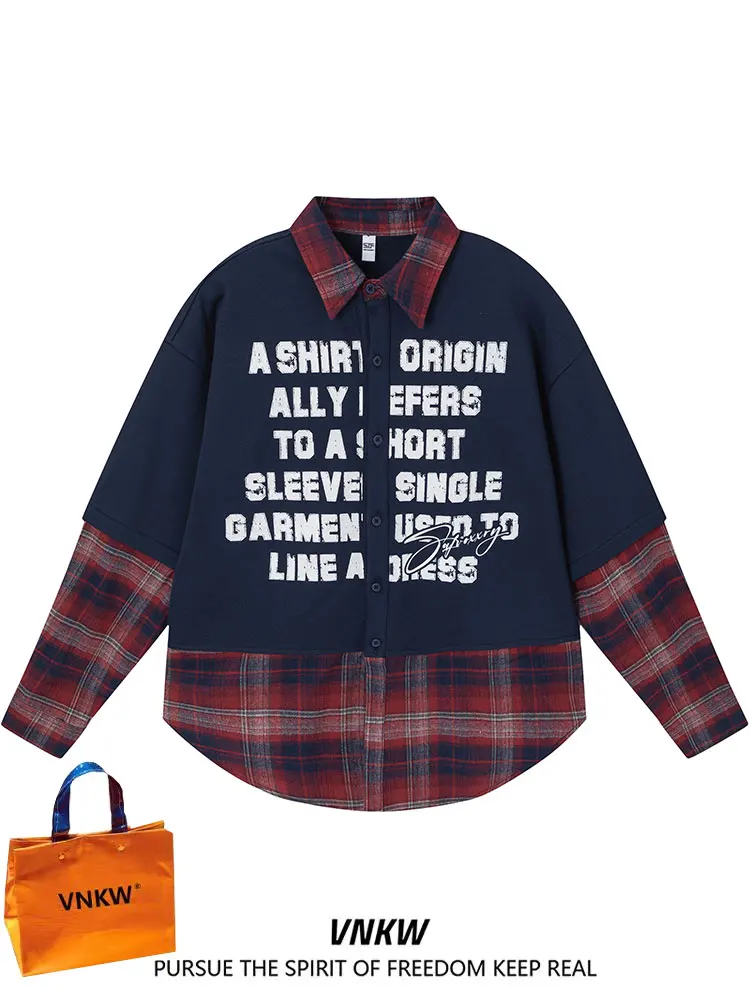 

Мужская свободная длинная куртка в американском стиле ретро, весенне-осенняя клетчатая ткань с дизайном Sense Splicing, искусственная двухсекционная куртка для пар