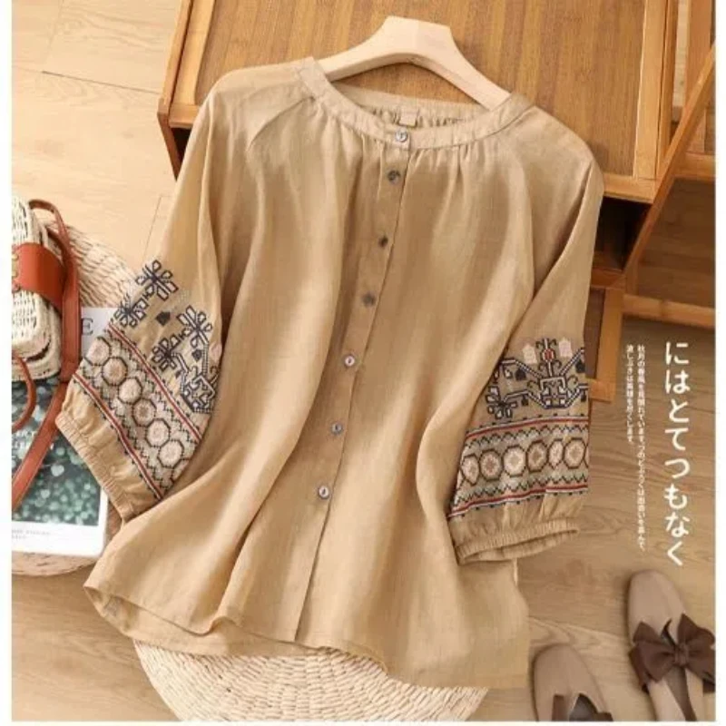 Artistic Retro Cotton and Linen Sleeve Embroidered Shirt, Women's Loose Round Neck Single Breasted Lantern Sleeve Loose Top