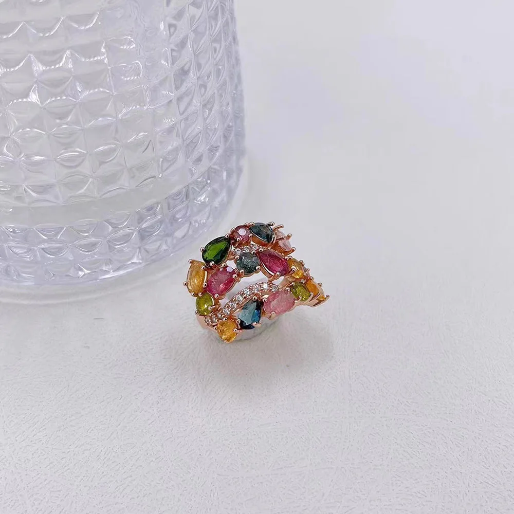 Rose Gold Color Rainbow Colorful Cubic Zirconia  Ring for Women Luxury Wedding Pink Goold Finger Ring Vintage Party Jewelry Gift