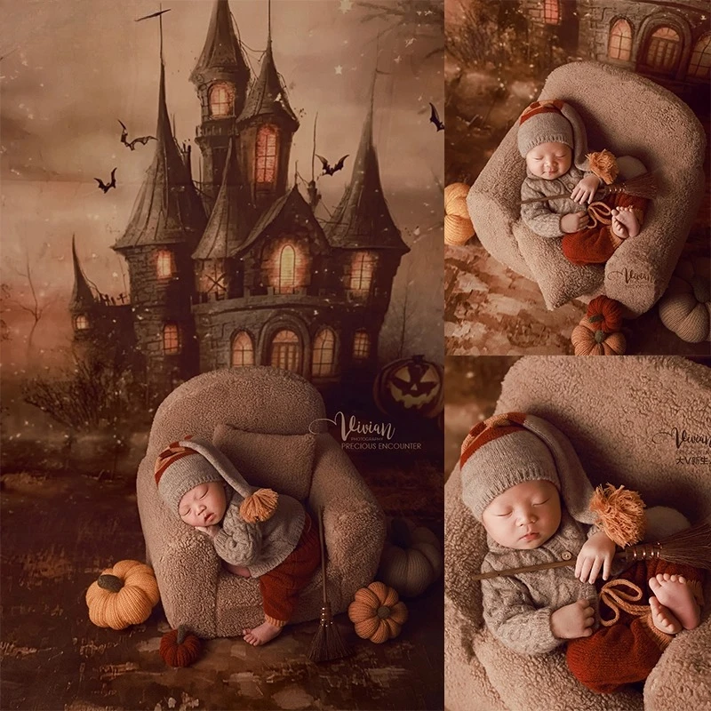 

Newborn Photography Props Halloween Backdrop Handmade Knitted Clothing with Pumpkins Decors Accessories for Studio Photoshoot