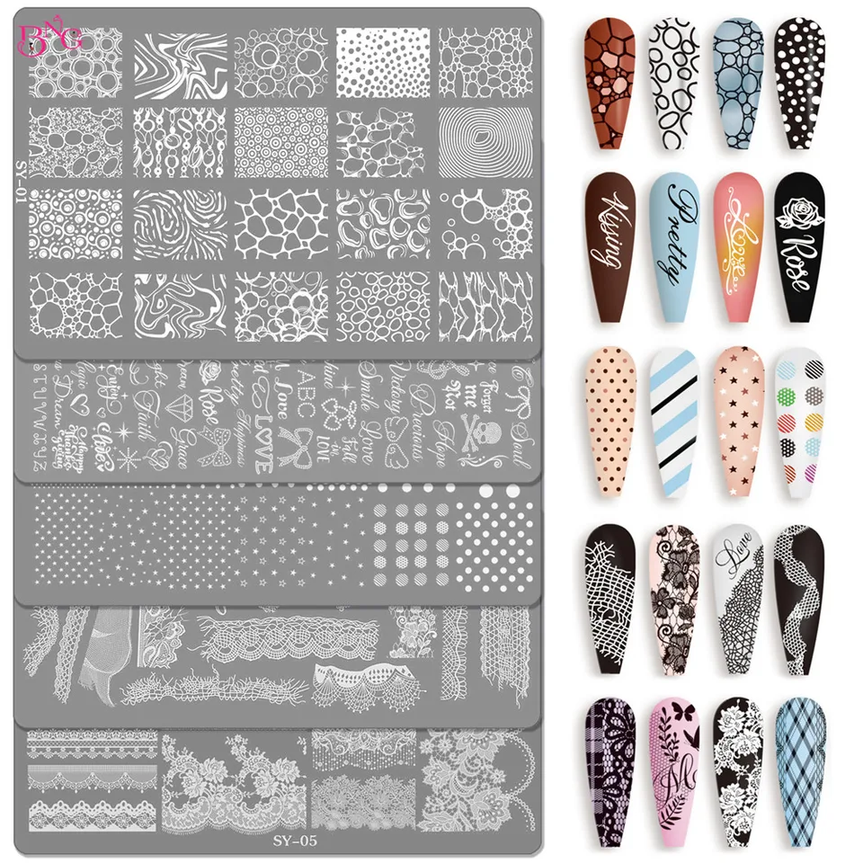 BNG Placas de Estampado para Uñas 10 Diseños Plantilla de Arte de Uñas Acero Inoxidable Encaje Floral Geométrico Herramientas de Manicura