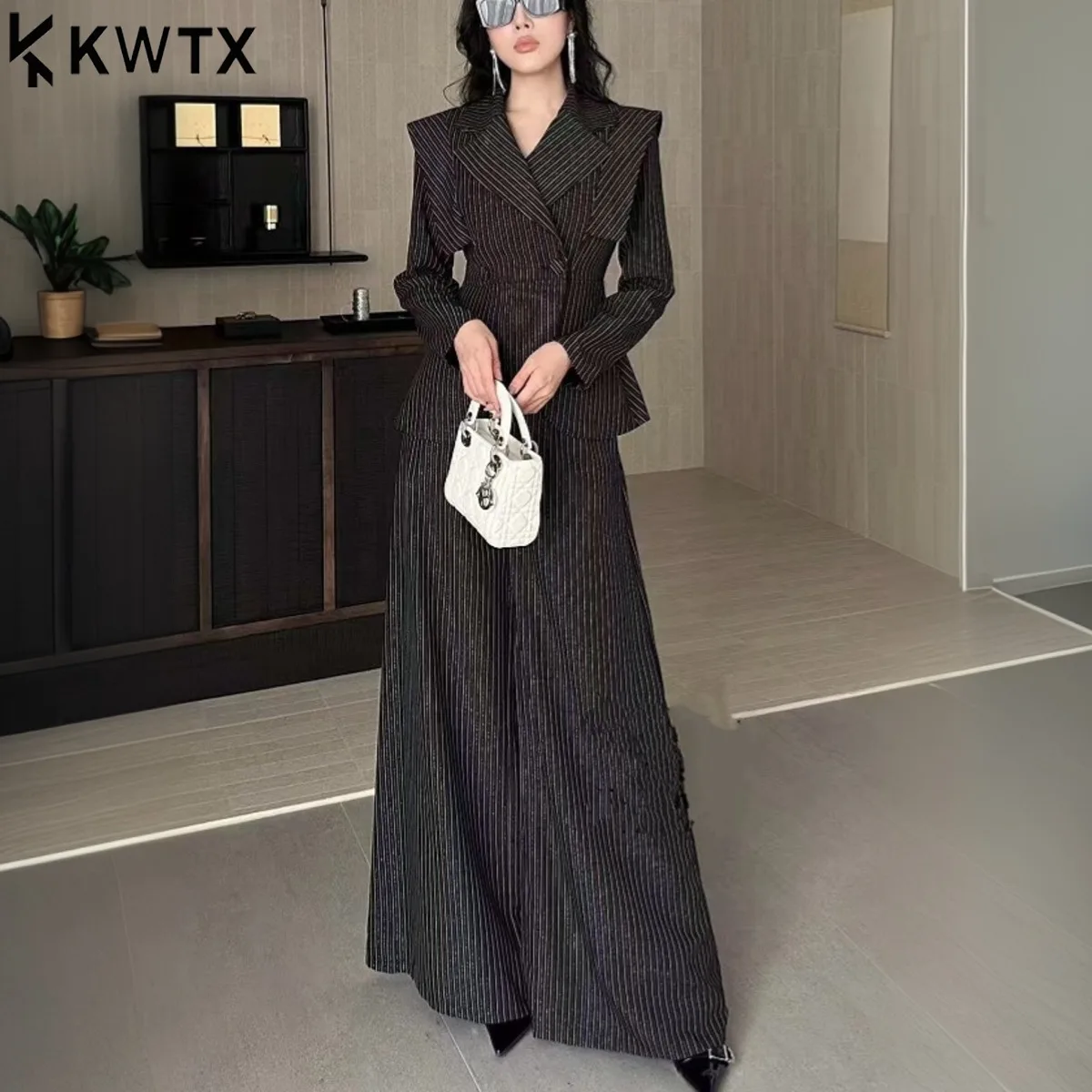 

KWTX 25 New Women’s Blazer Pants Set Striped Shoulder Pads Belted Wide Leg Office Casual Elegant Minimalist High Quality Autumn