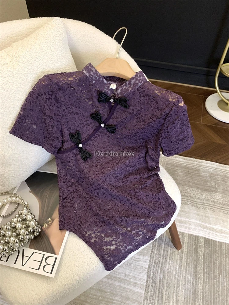 2024 new chinese style plate buckle lace hook flower short sleeve t-shirt women's summer irregular hollow out cheongsam top w906