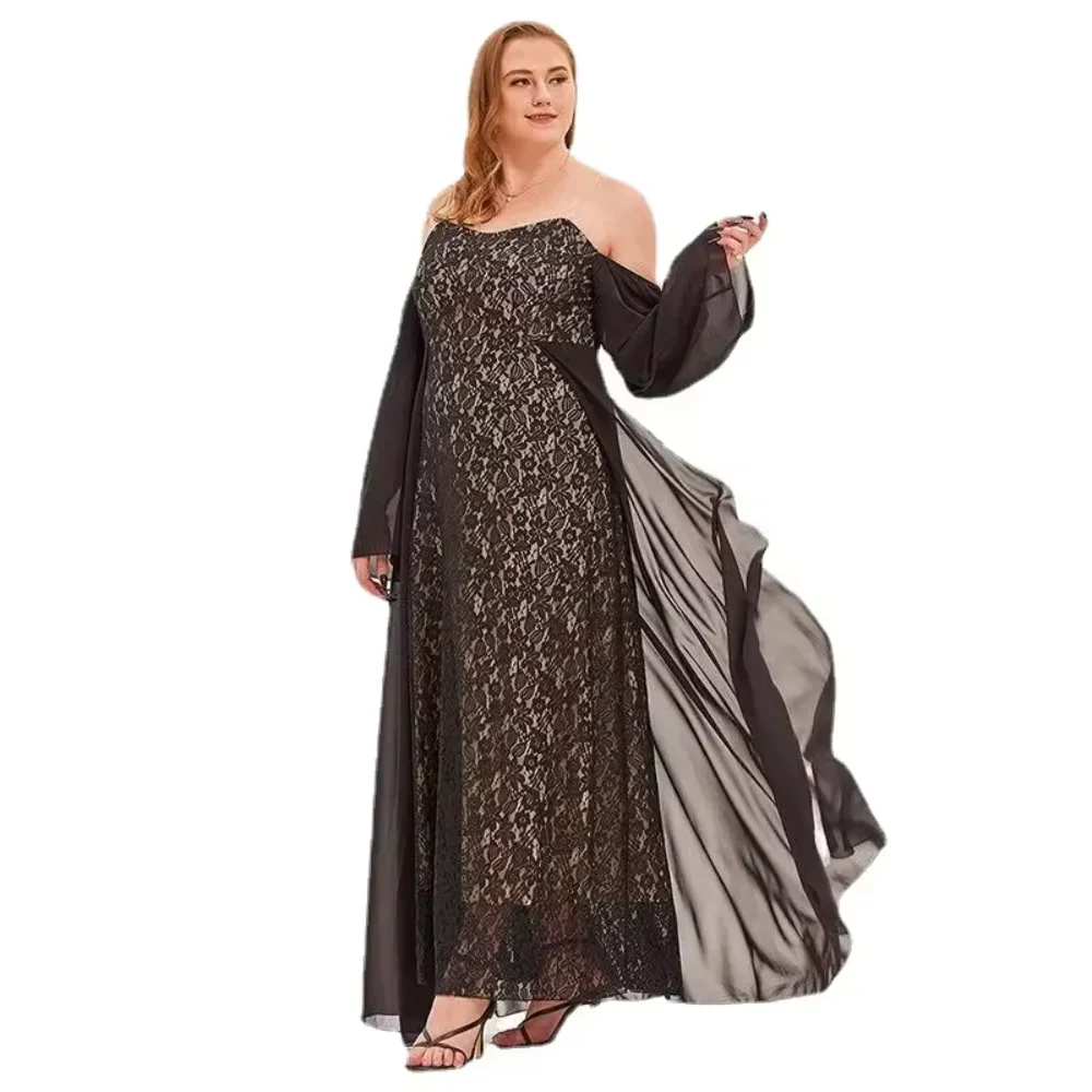 Plus Size Elegant One-Shoulder Lace Long Gown Dress