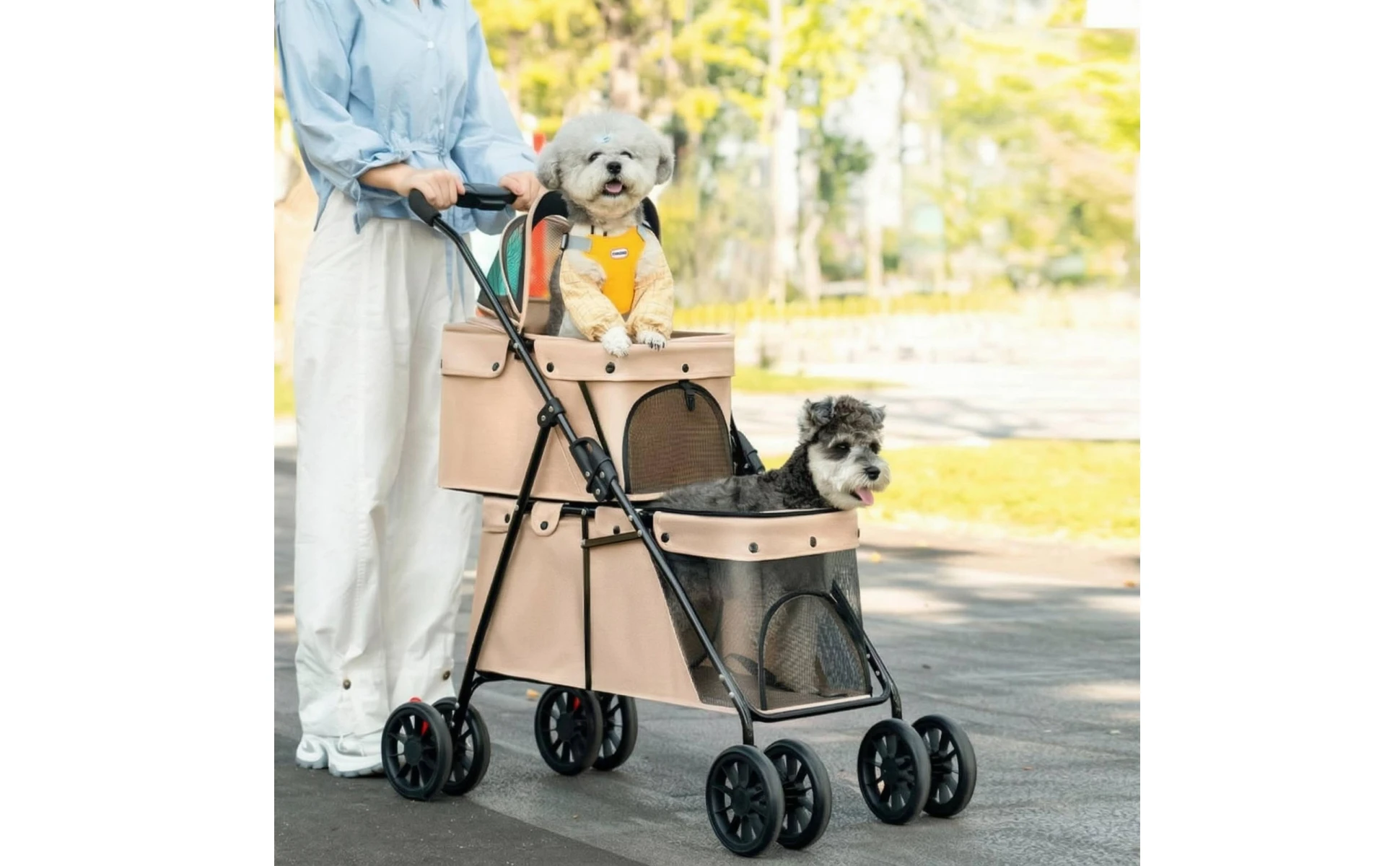 Double Layer Dog Feline Stroller Easy to Fold Double Deck Pet Stroller Large Space for Outdoor