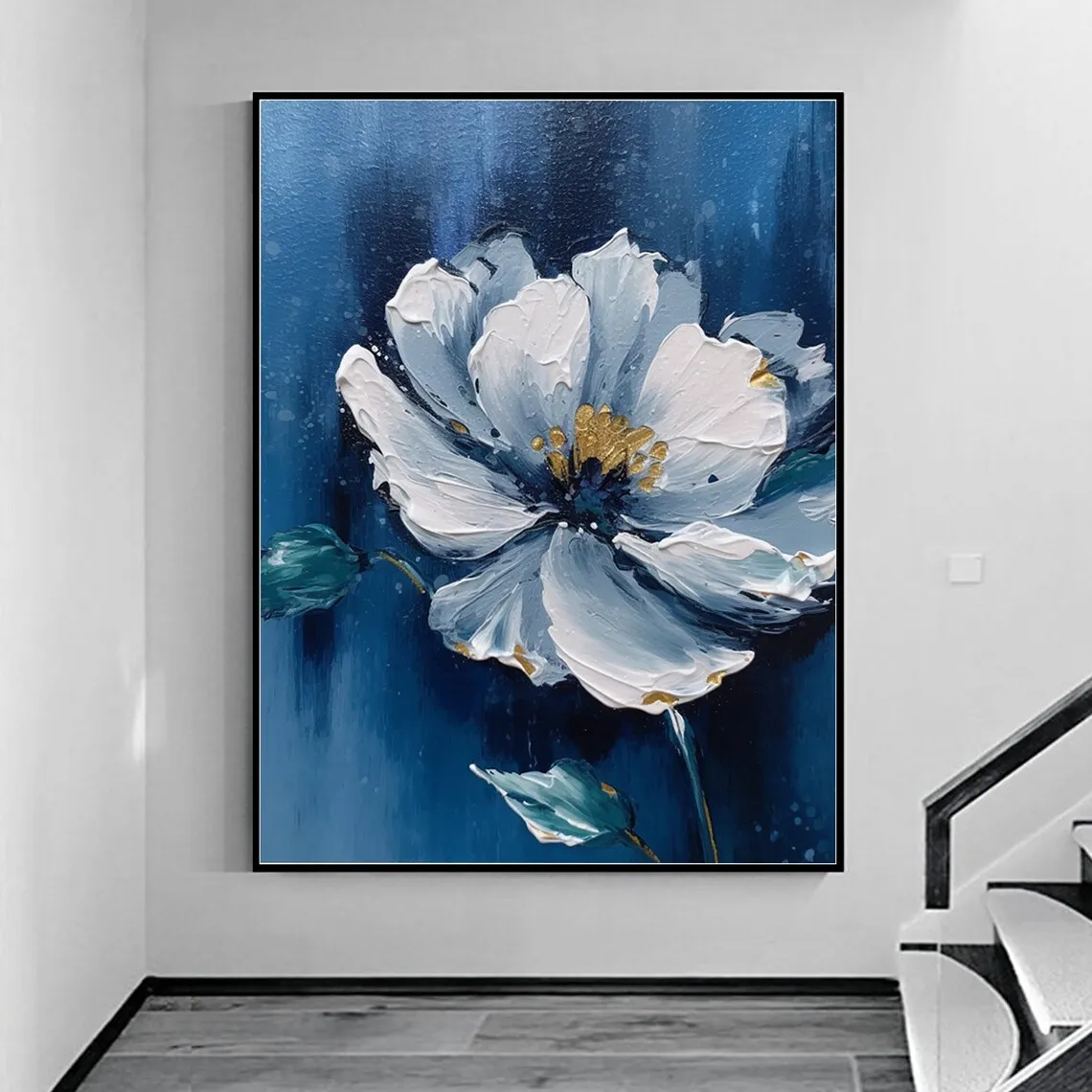 

Blue Original Flower Oil Painting On Canvas Large Blue Wall Art Abstract Floral Painting Blue Flower Textured Home Decoration