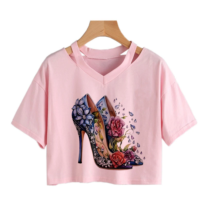 Grafische High Heels und Blumenmuster Kurzarm-Crop-Top Damen 90er Y2K Vintage Crop Tops Sexy T-Shirt Kleidung