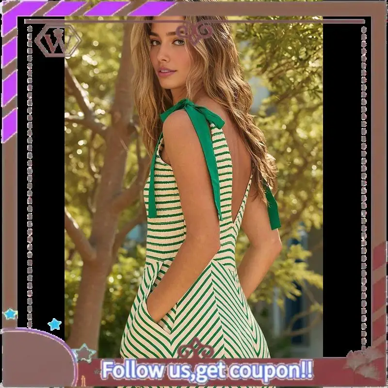 A95D-Abito estivo casual da donna con scollo a V a righe da spiaggia senza maniche, abito lungo fluido con tasche