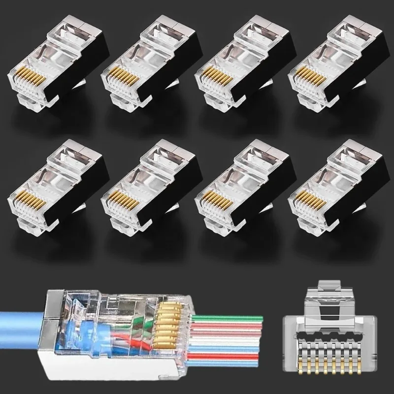 RJ45 Connectors Pass Through CAT6 CAT5 Shielded Crystal Head Gold Plated 8P8C Ethernet Modular Plugs Cable Crimp Connectors