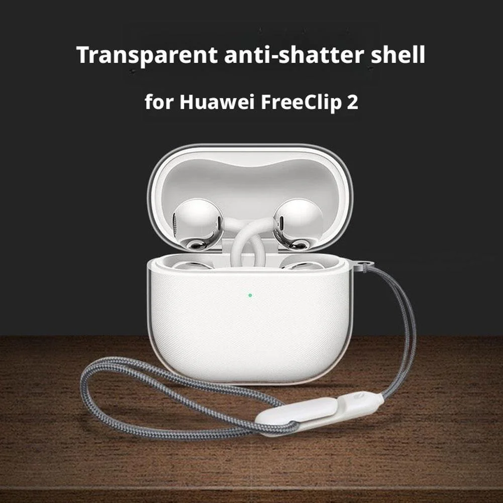 Capa com Cordão para HUAWEI FreeClip 2, Capa Protetora Transparente Macia para Fones de Ouvido com Gancho, Kit de Acessórios