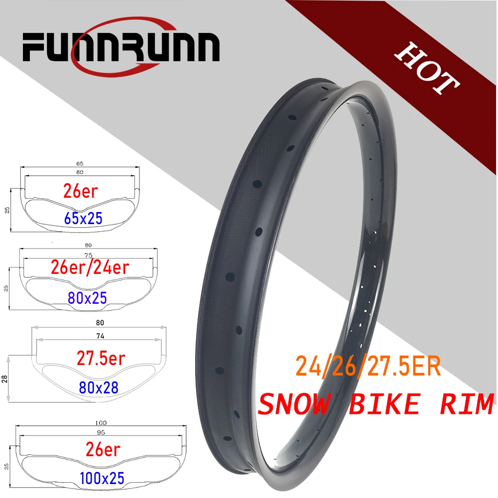 

24/26/27.5er Fat Bike Carbon Rim 65/80/100mm Width Snow Beach Bike Hookless Tubeless Tire Bicycle Wheel Rim UD 3K 12K28H 32H 36H