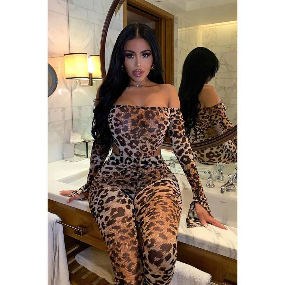 

Sexy Nightclub Party Prom Club Banquet Slim Fit Mesh Leopard Print Jumpsuit