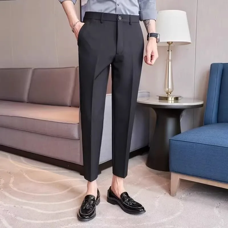 

Business Slim Fit Trousers Men Trendy Small-foot Straight Nine-point Trousers No-iron Drape Suit Trousers