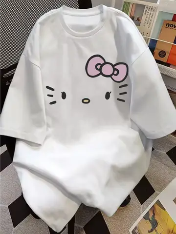 MINISO 헬로키티 심플한 만화 프린트 반팔 티셔츠 귀엽고 순진한 스타일 여성 외출복에 적합