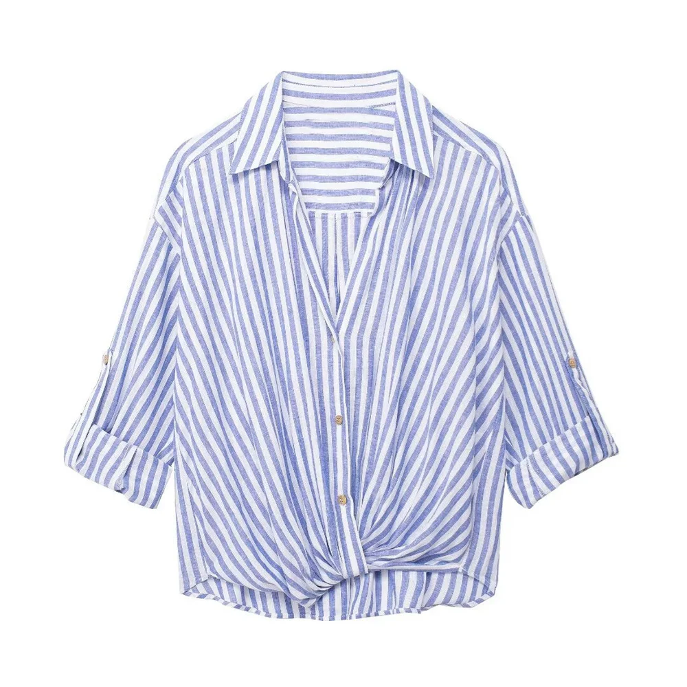 PB&ZA2024 Summer New Product Women\'s Wear European and American Style Casual Stripe Shirt Single breasted Top